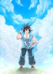  1boy ^_^ abs black_footwear black_hair blue_sky blurry bokeh chest clenched_hand closed_eyes cloud cloudy_sky commentary_request day depth_of_field dougi dragon_ball dragon_ball_z floating_hair full_body grass hand_on_hip highres hill legs_apart male_focus mattari_illust muscle open_mouth outdoors salute shadow sky son_gokuu spiked_hair standing sunlight teeth twitter_username upper_teeth wind wind_lift wristband 