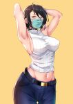  1girl absurdres ahoge armpits arms_behind_head bare_shoulders breasts brown_eyes brown_hair coronavirus cowboy_shot denim ear_piercing face_mask highres jeans large_breasts mask midriff navel original pants piercing short_hair simple_background sleeveless sleeveless_turtleneck surgical_mask sweater turtleneck yellow_background zknxart99 