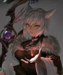  1girl animal_ears breasts brown_eyes cat_ears choker cleavage commentary dark_skin facial_mark final_fantasy final_fantasy_xiv highres holding holding_staff large_breasts long_sleeves miqo&#039;te parted_lips potion_lilac signature solo staff upper_body white_hair y&#039;shtola_rhul 