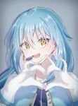  1other absurdres blue_hair chocoeiru gloves heart heart_hands highres long_hair microphone rimuru_tempest simple_background smile tensei_shitara_slime_datta_ken white_gloves yellow_eyes 