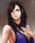  1girl black_hair bow breasts brown_eyes cleavage dress earrings final_fantasy final_fantasy_vii final_fantasy_vii_remake hand_on_own_chest jewelry john_crayton lace lace-trimmed_dress large_breasts long_hair looking_at_viewer purple_dress smile solo tifa_lockhart upper_body 