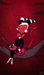 black_clothing clothing demon digital_media_(artwork) eyes_closed guitar hair helluva_boss hi_res horn imp male milesmind moxxie_(helluva_boss) musical_instrument playing_guitar playing_music plucked_string_instrument red_body sitting_on_branch string_instrument tail white_hair