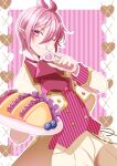  1boy ascot asmodeus_alice food hair_between_eyes hand_up heart highres holding holding_food ichika392 jacket mairimashita!_iruma-kun one_eye_closed pink_ascot pink_background pink_hair pointing pointy_ears short_hair smile solo standing striped_clothes striped_vest vest 