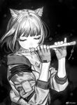  1girl absurdres animal_ears breasts cat_ears chinese_commentary closed_eyes commentary_request fingerless_gloves flute gloves greyscale highres instrument jacket medium_breasts mio_(xenoblade) monochrome music playing_instrument solipsist solo upper_body weibo_logo weibo_username xenoblade_chronicles_(series) xenoblade_chronicles_3 