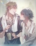  2boys alchimie black_hair blue_eyes brown_hair casual collarbone cup final_fantasy final_fantasy_xv furrowed_brow green_eyes grey_shirt hair_between_eyes holding holding_cup holding_toothbrush ignis_scientia light_smile long_sleeves looking_at_another male_focus multiple_boys noctis_lucis_caelum parted_lips shirt short_hair short_sleeves t-shirt toothbrush toothbrush_in_mouth towel towel_around_neck upper_body 