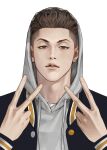  1boy brown_eyes brown_hair double_v earrings highres hood hood_up jacket jewelry letterman_jacket looking_at_viewer male_focus miyagi_ryouta nolja_cz parted_lips short_hair simple_background slam_dunk_(series) solo stud_earrings undercut upper_body v wavy_hair white_background 