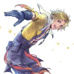  1boy black_gloves black_overalls blonde_hair blue_eyes chain_necklace earrings final_fantasy final_fantasy_x gloves highres jacket jewelry male_focus necklace open_clothes open_jacket open_mouth overalls short_hair smile star_(symbol) sweater teeth tidus twitter_username warori_anne white_background yellow_jacket 