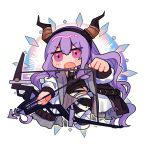  1girl :o arknights arrow_(projectile) black_leotard black_socks blush_stickers boots bow_(weapon) chibi commission diamond_(shape) drawing_bow fake_horns fang hair_between_eyes highres holding holding_bow_(weapon) holding_weapon horn_hairband horns jacket jitome kneehighs leotard long_hair long_sleeves looking_ahead low_twintails open_clothes open_jacket open_mouth pink_eyes purple_hair simple_background socks solo sshooooe tumblr_username twintails typhon_(arknights) v-shaped_eyebrows very_long_hair watermark weapon white_background white_footwear white_jacket 