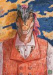 2024 allosaurid allosaurus anthro blue_markings bust_portrait button_(fastener) clothed clothing collared_shirt digital_media_(artwork) digital_painting_(artwork) dinosaur dyna_soar grin headscarf hi_res impressionism jewelry looking_forward looking_offscreen male map markings necklace orange_body pink_clothing pointillism portrait post-impressionism red_clothing red_topwear red_vest reptile saurian_(disambiguation) scalie signature smile smirk solo theropod topwear vest wallpaper white_clothing