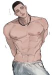  1boy abs arms_behind_back bara black_eyes black_hair buzz_cut cowboy_shot fukatsu_kazunari highres jewelry large_pectorals male_focus muscular muscular_male navel necklace nipples ood_do0 pectorals short_hair simple_background slam_dunk_(series) solo topless_male very_short_hair white_background 