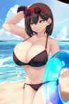  1girl absurdres arm_up beach bikini black_bikini black_hair blue_sky breasts brown_eyes cleavage cloud collarbone commentary_request contrail day eyewear_on_head hair_between_eyes hayakawa_mayumi highres holding holding_swim_ring innertube navel ocean original outdoors parted_lips scrunchie shiki_(psychedelic_g2) short_hair side-tie_bikini_bottom sky solo sunglasses swim_ring swimsuit underboob wrist_scrunchie 