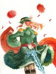  1boy arm_behind_back epaulettes fire_emblem fire_emblem:_the_sacred_stones flower from_behind green_headwear green_skirt ha_(nhgch87) hat_feather highres holding holding_sword holding_weapon joshua_(fire_emblem) long_hair looking_at_viewer male_focus petals red_eyes red_flower red_hair skirt smile solo standing sword weapon white_background wide_sleeves 
