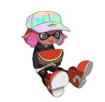  1girl :p baseball_cap black_pants commentary dark-skinned_female dark_skin food fruit grey_eyes hat ikki_(gsl_9708) inkling inkling_girl medium_hair pants pink_hair pointy_ears red_footwear simple_background sitting solo splatoon_(series) splatoon_3 symbol-only_commentary tentacle_hair thick_eyebrows tongue tongue_out torn_clothes torn_pants watermelon white_background 