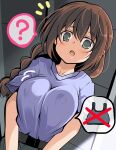  1girl ? bang_brave_bang_bravern braid breasts brown_hair commentary_request green_eyes large_breasts long_hair miyu_katou no_bra open_mouth single_braid solo spoken_object spoken_question_mark tsuzuri_(tuzuri) upper_body yuuki_bakuhatsu_bang_bravern 