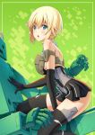  1girl :o bare_shoulders black_gloves black_legwear blonde_hair blush commentary_request dress elbow_gloves frame_arms_girl gloves gourai green_background green_eyes hand_on_another&#039;s_chest highres looking_at_viewer looking_to_the_side microdress open_mouth pinakes robot short_hair shoulder_blades skindentation sleeveless straddling thighhighs thighs 