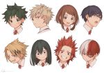  2girls 6+boys :d asui_tsuyu bakugou_katsuki bangs blonde_hair blue_eyes blue_hair boku_no_hero_academia brown_eyes brown_hair burn_scar collared_shirt facial_scar freckles glasses green_eyes green_hair heterochromia highres iida_tenya kaminari_denki kirishima_eijirou long_hair looking_at_viewer looking_back looking_to_the_side midoriya_izuku multicolored_hair multiple_boys multiple_girls open_mouth rectangular_eyewear red_eyes red_hair ryota_(ry_o_ta) scar sharp_teeth shirt sidelocks smile spiked_hair streaked_hair teeth todoroki_shouto two-tone_hair upper_body uraraka_ochako white_background white_shirt yellow_eyes 