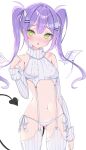  1girl absurdres alternate_costume bare_shoulders belly breasts demon_tail embarrassed green_eyes highres hololive ichipon1515 long_sleeves meme_attire panties piercing purple_hair small_breasts sweat tail tokoyami_towa twintails underwear virgin_destroyer_sweater virtual_youtuber white_panties 