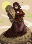  1girl animal breasts brown_eyes brown_hair giant_snake hair_ornament hairband head_tilt inishie_kumo large_breasts looking_at_viewer oversized_animal puffy_short_sleeves puffy_sleeves purple_skirt red_shirt shirt short_hair short_sleeves sketch skirt smile snake solo touhou yasaka_kanako 