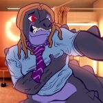 absurd_res anthro blind blush clothed clothing crocodile crocodilian crocodylid ctrl-atl-replace7888 disability dreadlocks embarrassed female hi_res luda_ivanov matching_ties necktie no_underwear pandora_katsaros_(matching_ties) reptile scalie slightly_chubby slightly_chubby_female solo torn_clothing