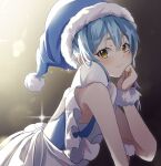  1other absurdres armpits blue_hair blush chocoeiru christmas hat highres humanization looking_at_viewer maid rimuru_tempest santa_hat tensei_shitara_slime_datta_ken yellow_eyes 