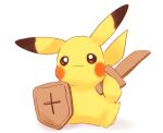  animal_ears colored_skin dot_nose misonikomiii no_humans pikachu pokemon pokemon_(creature) shield solo sword tail weapon white_background yellow_skin 