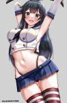  1girl absurdres agano_(kancolle) arms_up black_hair black_hairband black_neckerchief black_panties blue_sailor_collar blue_skirt blush breasts cosplay cowboy_shot elbow_gloves gloves grey_background hairband highleg highleg_panties highres kantai_collection large_breasts long_hair looking_at_viewer microskirt mizuki_(uzuki_no_sato) navel neckerchief open_mouth panties sailor_collar shimakaze_(kancolle) shimakaze_(kancolle)_(cosplay) skirt smile solo striped_clothes striped_thighhighs thighhighs thighs twitter_username underwear white_gloves 
