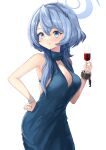  1girl ako_(blue_archive) ako_(dress)_(blue_archive) black_hairband blue_archive blue_dress blue_eyes blue_hair blue_halo blush breasts cleavage cuffs cup dress earrings hair_between_eyes hairband halo handcuffs highres holding holding_cup jewelry large_breasts long_hair mg42cat-k1ng official_alternate_costume open_mouth simple_background sleeveless sleeveless_dress solo white_background 