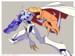  armor blue_eyes cape character_name copyright_name dated digimon from_below futa_yuri_ryona horns looking_at_viewer mecha multicolored_cape multicolored_clothes no_humans omegamon red_cape robot shield shoulder_armor spikes white_cape 