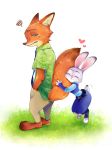  &lt;3 2017 anthro barefoot bottomwear canid canine clothed clothing dipstick_ears disney duo fox fully_clothed fur grass grey_body grey_fur judy_hopps lagomorph leporid mammal multicolored_ears necktie nick_wilde orange_body orange_fur pants police_uniform rabbit red_fox shirt simple_background smile standing tail_hug topwear uniform white_background zootopia めーこ 