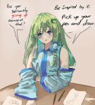  1girl blue_eyes blush commentary detached_sleeves drawing_(object) english_commentary english_text frog_hair_ornament green_hair hair_ornament hair_tubes highres kochiya_sanae long_hair looking_at_viewer meme open_mouth retro_games_sanae_(meme) sidelocks simple_background solo speech_bubble touhou vanilla_flan wide_sleeves 