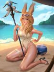  1girl animal_ears bangs beach blue_sky breasts bunny_ears commission day eyewear_on_head final_fantasy final_fantasy_xiv hair_ornament heterochromia high_heels highres holding holding_staff kneeling large_breasts leg_garter lips long_hair looking_at_viewer nguyen_uy_vu one-piece_swimsuit outdoors parted_lips sky solo staff sunglasses swept_bangs swimsuit tan tanline viera wet 