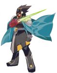  1boy absurdres armor black_hair blue_cape cape closed_mouth colonel.exe_(mega_man) energy_sword full_body green_eyes highres looking_at_viewer male_focus mayutsuba_mono mega_man_(series) mega_man_battle_network_(series) netnavi shoulder_armor solo sword weapon white_background 