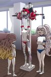  3girls anya_melfissa bandages brown_hair crossed_arms decapitation fushi_art24 gym_uniform hand_on_own_hip heterochromia highres holding_own_head hololive hololive_indonesia kureiji_ollie multicolored_eyes multiple_girls pavolia_reine sword virtual_youtuber weapon white_hair yellow_eyes zombie 