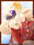 absurd_res asian_clothing black_body blush border bovid bovid_horn caprine caprine_horn chest_tuft claws clothing cloud curled_horn dragon east_asian_clothing female feral floppy_ears floral_print fur furred_dragon hair hi_res horn huge_hips hybrid japanese_clothing kemono kimono looking_at_viewer lop_ears mammal obi obijime open_mouth paw_pose pawpads paws pose purple_eyes quadruped semi-anthro sheep sheila_(ukan_muri) sitting smile solo tuft ukan_muri white_body white_fur white_hair wide_hips wool_(fur)