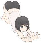  1girl 1ssakawaguchi ass barefoot black_eyes black_hair black_shorts bob_cut cat_stretch closed_mouth full_body highres ichika_(1ssakawaguchi) light_blush looking_ahead midriff original shirt short_hair short_shorts short_sleeves shorts simple_background solo stretching top-down_bottom-up white_background white_shirt 