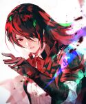  1girl black_gloves elbow_gloves eyelashes gekkoukan_high_school_uniform gloves hair_over_one_eye hand_up kirijou_mitsuru long_hair looking_at_viewer lor_(roasyerizyonirapi) magic parted_lips persona persona_3 red_eyes red_hair s.e.e.s school_uniform solo upper_body white_background 