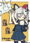  1girl 9chrono0 :3 absurdres alarm_siren animal_ears backpack bag blue_bag blue_dress blue_thighhighs border buta_thunder_(vocaloid) cat cat_ears cat_tail character_name clapping closed_eyes colored_eyelashes commentary_request dress electrocution fish_skeleton_hair_ornament grey_hair hands_up highres kusoge_patrol_neko lightning long_hair mole mole_under_mouth nekomoto_pato outside_border pinafore_dress pleated_dress puffy_short_sleeves puffy_sleeves randoseru shirt short_sleeves simple_background sleeveless sleeveless_dress solo song_name tail thighhighs twintails uneven_twintails virtual_youtuber white_border white_shirt yellow_background 