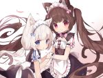  2girls :3 :o animal_ear_fluff animal_ears apron back_bow bangs bell bell_choker black_bow black_skirt blue_bow blue_eyes blunt_bangs blush bow brown_hair cat_ears cat_girl cat_tail chocola_(sayori) choker closed_mouth double-breasted frilled_apron frilled_sleeves frills fujii_shino high-waist_skirt highres holding_hand jingle_bell long_hair looking_at_viewer low_twintails maid_dress maid_headdress multiple_girls nekopara pink_bow pink_eyes puffy_short_sleeves puffy_sleeves short_sleeves siblings sisters skirt tail twintails vanilla_(sayori) very_long_hair waist_apron white_apron white_hair wrist_cuffs 