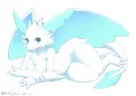anthro blue_eyes blush breasts dragon feathered_wings feathers female fur hi_res looking_at_viewer nude pal_(species) palworld quivern shiokisylvia simple_background solo white_background white_body wings