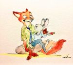  anthro bottomwear canid canine clothed clothing disney duo fox fully_clothed grin hi_res judy_hopps lagomorph leporid looking_at_another mammal monmokamoko necktie nick_wilde on_lap pants rabbit red_fox shirt simple_background sitting_on_lap smile topwear white_background zootopia 