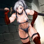  1girl abs belt breasts brick_wall cleavage elbow_gloves gloves hand_on_own_hip highres holding holding_sword holding_weapon katana leaning_forward minamoto80486 muscular muscular_female original ponytail pouch purple_eyes smile solo sword thighhighs weapon white_hair 