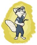  2020 anothercolouranon anthro arctic_fox barefoot black_nose blowtorch canid canine clothed clothing disney fox fully_clothed fur holding_object holding_tool looking_at_viewer mammal overalls skye_(zootopia) smile solo standing tools white_body white_fur zootopia 