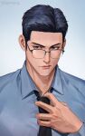  1boy blue_background blue_eyes blue_hair forehead glasses gradient_background highres holding_tie jigpanjang looking_to_the_side male_focus mito_youhei short_hair slam_dunk_(series) smile solo twitter_username upper_body 