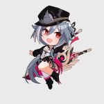  1girl black_footwear black_headwear black_jacket breasts chibi fu_hua fu_hua_(herrscher_of_sentience) fu_hua_(turn_up_the_music!)_(herrscher_of_sentience) full_body grey_hair hair_between_eyes hat highres honkai_(series) honkai_impact_3rd jacket jingwei_(bird) long_hair long_sleeves low_ponytail mik_o0u multicolored_hair official_alternate_costume open_hands open_mouth red_eyes small_breasts socks solo streaked_hair very_long_hair weapon white_socks 