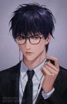  1boy black_hair blue_hair dark_blue_hair earphones glasses grey_background highres holding holding_earphones jigpanjang male_focus necktie rukawa_kaede short_hair slam_dunk_(series) solo suit twitter_username upper_body 