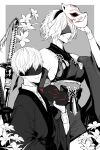  1boy 1girl 2b_(nier:automata) 9s_(nier:automata) absurdres black_blindfold blindfold border breasts expressionless flower grey_background highres japanese_clothes kimono looking_at_viewer monochrome nier:automata nier_(series) nishiii26miii sideboob sword weapon white_border white_hair 