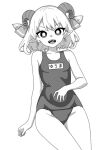  1girl bare_arms bare_legs bare_shoulders breasts cowboy_shot curled_horns earrings greyscale groin horns jewelry looking_at_viewer monochrome name_tag one-piece_swimsuit onkn_sxkn open_mouth pointy_ears school_swimsuit sharp_teeth sheep_horns short_hair simple_background small_breasts smile solo swimsuit teeth touhou toutetsu_yuuma white_background 