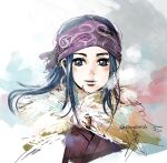  1girl asirpa blue_eyes blue_hair close-up coat commentary_request earrings fur_collar golden_kamuy headband highres japanese_clothes jewelry kimono long_hair looking_to_the_side purple_kimono sidelocks smoke solo torapunch twitter_username 