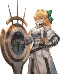  1girl armor belt blonde_hair bow breasts detached_sleeves gauntlets green_eyes hair_bow highres lack large_breasts maglam_lord ponytail shield smile solo 