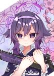  1girl blue_archive flower frilled_sleeves frills frown gun hair_flaps hair_flower hair_ornament hairband halo haruka_(blue_archive) haruka_(new_year)_(blue_archive) highres holding holding_gun holding_weapon japanese_clothes kimono long_sleeves looking_to_the_side purple_eyes purple_hair short_hair_with_long_locks solo u_amy1207 upper_body weapon 